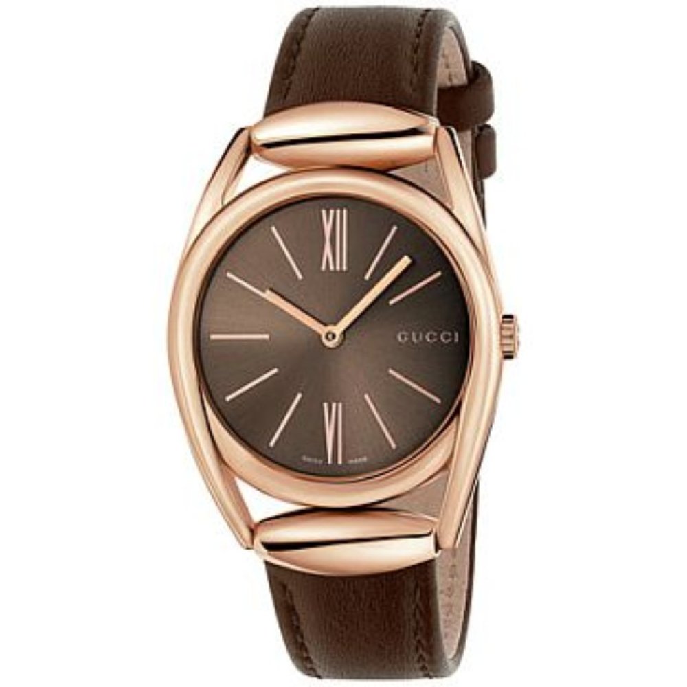 GUCCI Rose Gold Watch with Brown Leather Strap